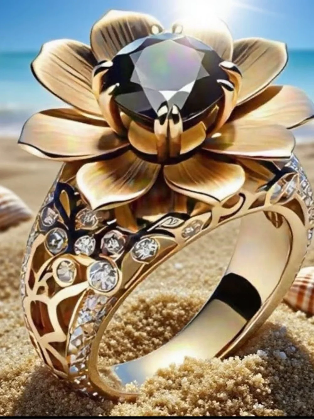 Elegant Gold Flower Ring with Black Center Stone - Women Jewelry